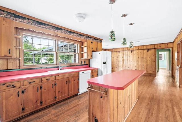 411 Tremont Dr, Murfreesboro, TN 37130 - kitchen with white appliances, a sink, light wood-style floors, open shelves, and a center island