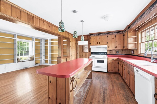 411 Tremont Dr, Murfreesboro, TN 37130 - kitchen with white appliances, a sink, dark wood finished floors, open shelves, and wooden walls