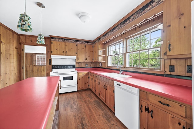 411 Tremont Dr, Murfreesboro, TN 37130 - kitchen with white appliances, a sink, under cabinet range hood, dark wood finished floors, and decorative light fixtures