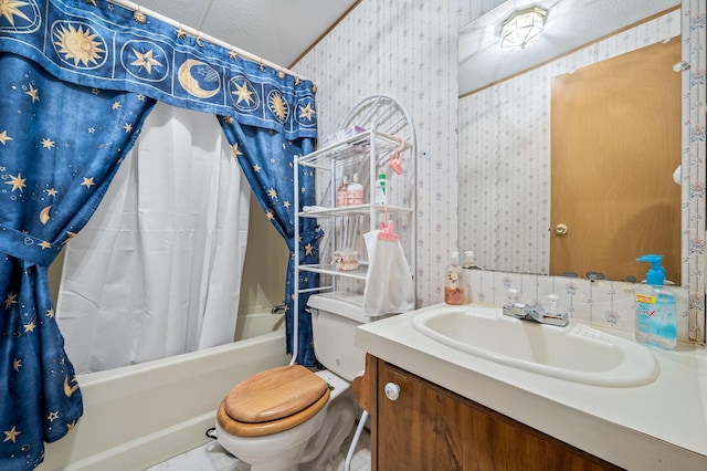 48 Enfield Dr, Beechgrove, TN 37018 - full bathroom featuring wallpapered walls, toilet, shower / bath combination with curtain, and vanity