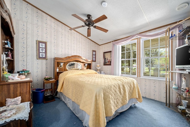 48 Enfield Dr, Beechgrove, TN 37018 - bedroom featuring wallpapered walls, carpet, lofted ceiling, ceiling fan, and a textured ceiling