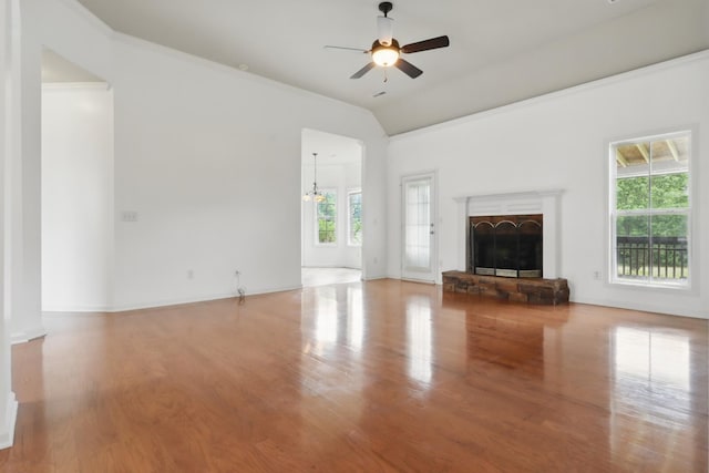 208 Sunnyside Dr, Chapel Hill, TN 37034 - unfurnished living room with a ceiling fan, lofted ceiling, wood finished floors, a fireplace with raised hearth, and baseboards