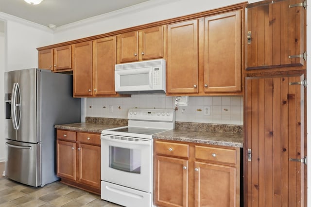 208 Sunnyside Dr, Chapel Hill, TN 37034 - kitchen with white appliances, decorative backsplash, brown cabinets, ornamental molding, and dark countertops