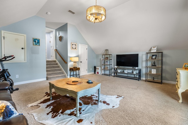 carpeted living room featuring vaulted ceiling, stairway, baseboards, and a chandelier