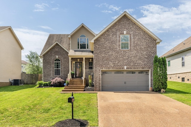 traditional home with brick siding, cooling unit, a garage, and driveway