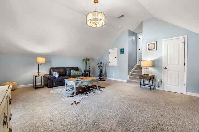 carpeted living room with vaulted ceiling, baseboards, stairway, and a chandelier