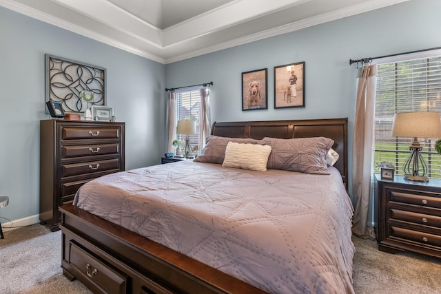 bedroom with carpet, ornamental molding, and baseboards