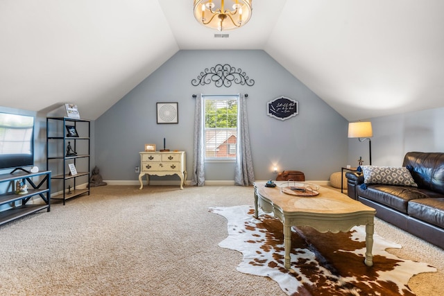 carpeted living room with lofted ceiling and a chandelier