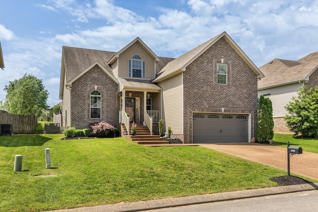 traditional home with an attached garage, brick siding, and concrete driveway