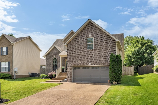 traditional home featuring an attached garage, concrete driveway, brick siding, and central AC