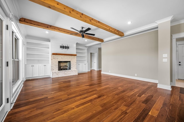 11731 Milton St, Milton, TN 37118 - unfurnished living room with wood finished floors, a ceiling fan, baseboards, recessed lighting, and a fireplace with raised hearth