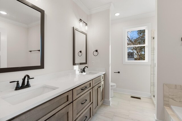 3101 Bluebird Rd, Lebanon, TN 37087 - full bath featuring marble finish floors, crown molding, toilet, double vanity, and a shower with shower door