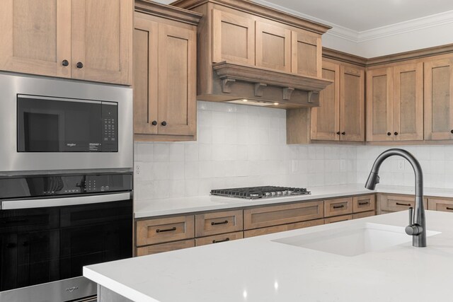 3101 Bluebird Rd, Lebanon, TN 37087 - kitchen featuring stainless steel appliances, a sink, light countertops, tasteful backsplash, and ornamental molding