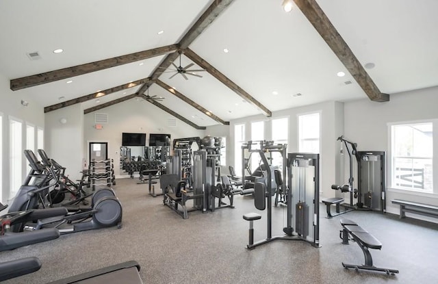 1080 Laurel Valley Ln, Mount Juliet, TN 37122 - workout area with beamed ceiling, high vaulted ceiling, and recessed lighting