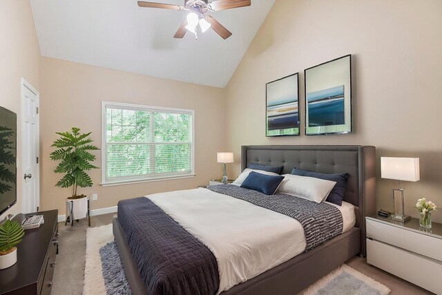 201 Dakota Dr, Spring Hill, TN 37174 - carpeted bedroom featuring ceiling fan, baseboards, and high vaulted ceiling