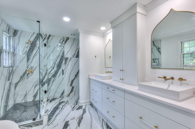 1702 Old Hickory Blvd, Brentwood, TN 37027 - bathroom featuring marble look tiles, a marble finish shower, double vanity, recessed lighting, and ornamental molding