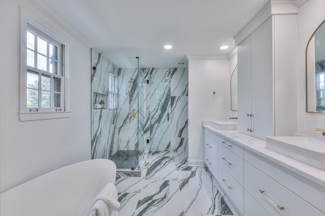 1702 Old Hickory Blvd, Brentwood, TN 37027 - full bathroom featuring healthy amount of natural light, a marble finish shower, double vanity, recessed lighting, and a freestanding bath