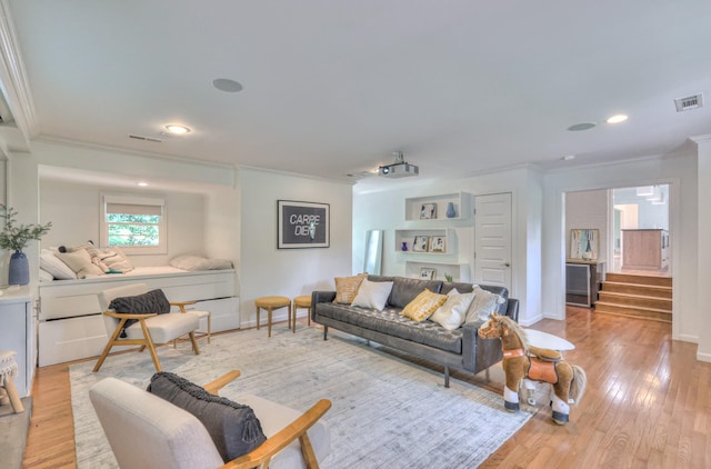 1702 Old Hickory Blvd, Brentwood, TN 37027 - living room featuring crown molding, stairway, light wood-style floors, and recessed lighting