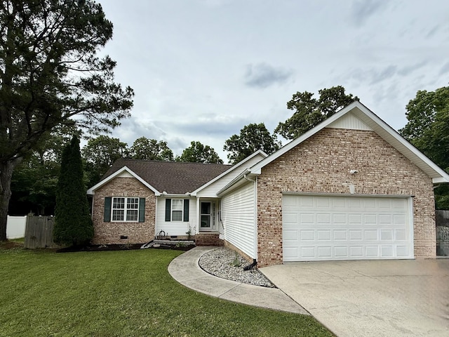 ranch-style home featuring concrete driveway, brick siding, a garage, a front yard, and crawl space
