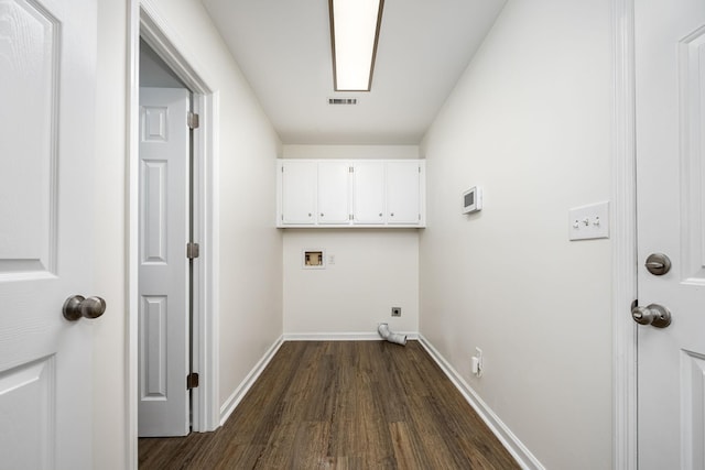 205 Blue Lake Dr, Tullahoma, TN 37388 - washroom featuring cabinet space, dark wood-type flooring, hookup for an electric dryer, hookup for a washing machine, and baseboards