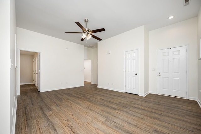 205 Blue Lake Dr, Tullahoma, TN 37388 - unfurnished bedroom featuring dark wood-type flooring, baseboards, a ceiling fan, and recessed lighting