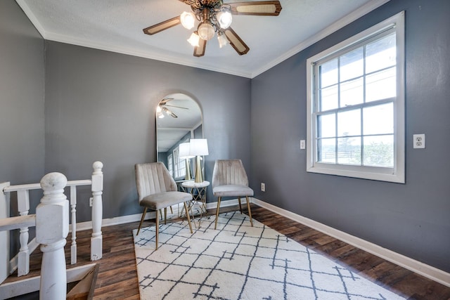 1529 W Grab Creek Rd, Dickson, TN 37055 - sitting room featuring a ceiling fan, wood finished floors, baseboards, an upstairs landing, and ornamental molding