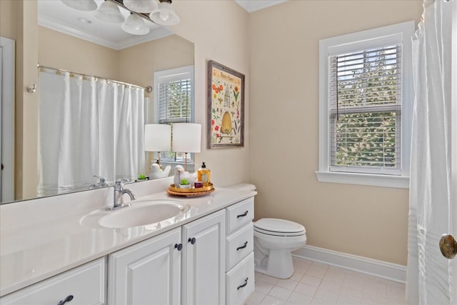4145 Trinity Rd, Franklin, TN 37067 - bathroom with vanity, tile patterned floors, baseboards, toilet, and ornamental molding