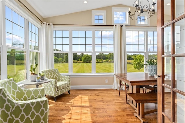 4145 Trinity Rd, Franklin, TN 37067 - sunroom featuring lofted ceiling, a chandelier, baseboards, and wood finished floors