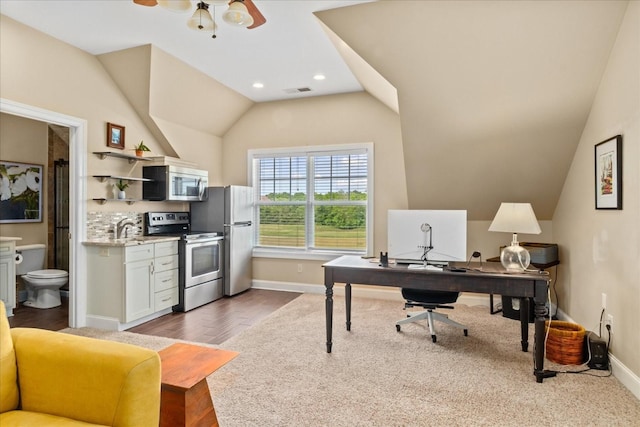 4145 Trinity Rd, Franklin, TN 37067 - office with lofted ceiling, baseboards, a sink, wood finished floors, and ceiling fan