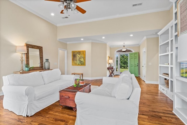 4145 Trinity Rd, Franklin, TN 37067 - living area with a ceiling fan, wood finished floors, ornamental molding, baseboards, and recessed lighting