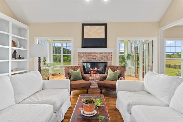 4145 Trinity Rd, Franklin, TN 37067 - living area featuring lofted ceiling, plenty of natural light, wood finished floors, and a fireplace