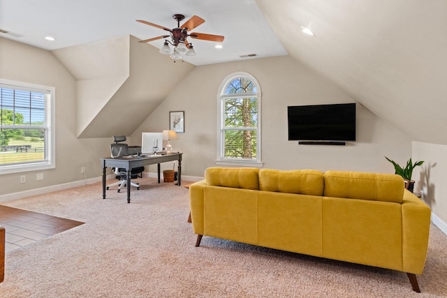 4145 Trinity Rd, Franklin, TN 37067 - office area featuring carpet floors, plenty of natural light, a ceiling fan, vaulted ceiling, and recessed lighting