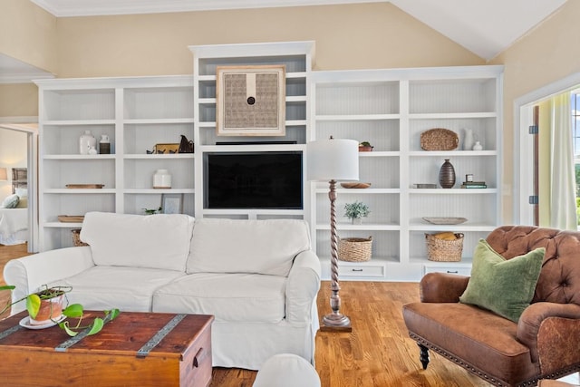 4145 Trinity Rd, Franklin, TN 37067 - living area featuring wood finished floors, vaulted ceiling, and built in shelves