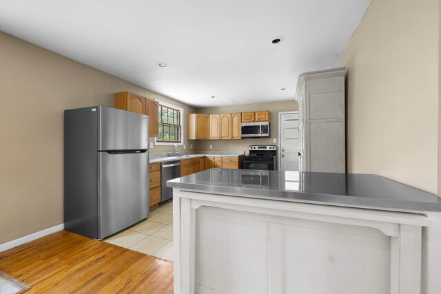 209 Orchard Rd, Clarksville, TN 37042 - kitchen with appliances with stainless steel finishes, a sink, baseboards, light wood-style floors, and light countertops