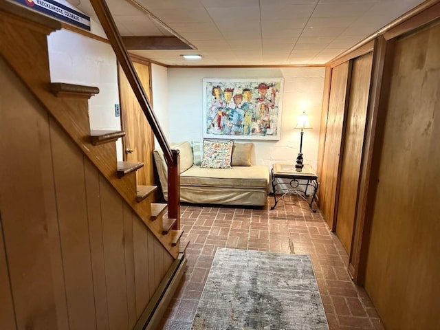 108 Sunset Dr, Pulaski, TN 38478 - living room with brick patterned flooring and stairway