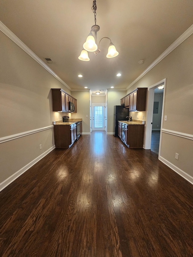 1040 Charlie Daniels Pkwy Unit 111, Mount Juliet, TN 37122 - kitchen with a chandelier, crown molding, dark brown cabinets, black appliances, and baseboards