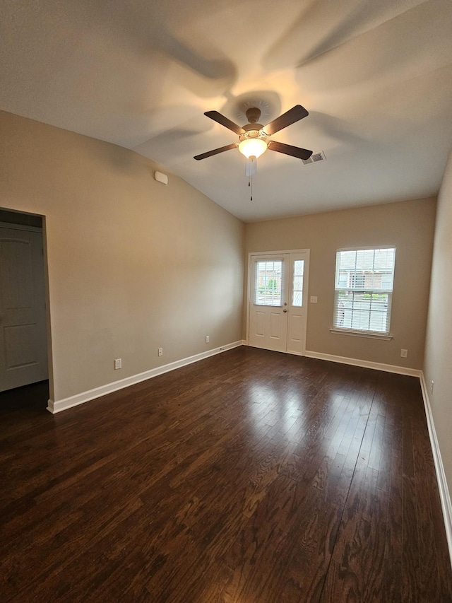 1040 Charlie Daniels Pkwy Unit 111, Mount Juliet, TN 37122 - spare room featuring ceiling fan, baseboards, dark wood-type flooring, and lofted ceiling