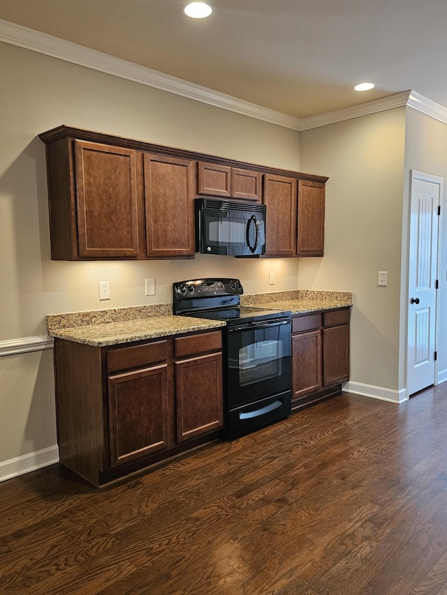1040 Charlie Daniels Pkwy Unit 111, Mount Juliet, TN 37122 - kitchen featuring black appliances, baseboards, dark wood-style floors, crown molding, and light stone counters