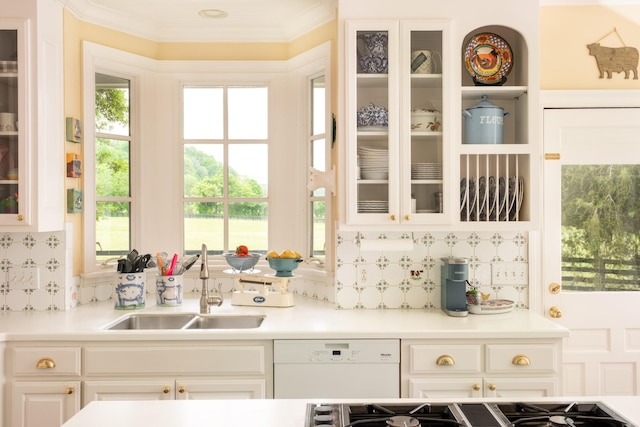 5620 Leipers Creek Rd, Franklin, TN 37064 - kitchen featuring dishwasher, a sink, glass insert cabinets, white cabinetry, and decorative backsplash