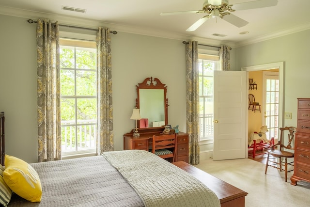 5620 Leipers Creek Rd, Franklin, TN 37064 - carpeted bedroom with multiple windows, ornamental molding, and ceiling fan