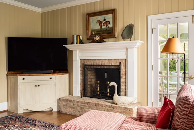 5620 Leipers Creek Rd, Franklin, TN 37064 - living room with crown molding, plenty of natural light, wood finished floors, and a brick fireplace