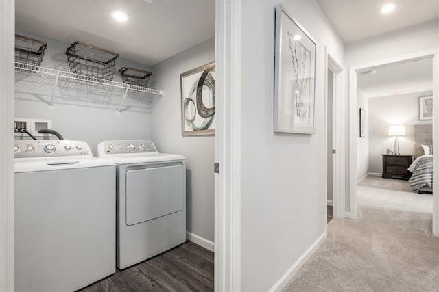 laundry area with washing machine and clothes dryer, baseboards, carpet floors, and recessed lighting