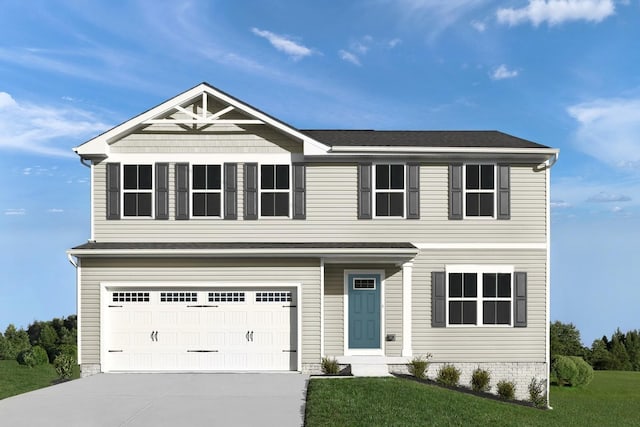 view of front of property with a garage, driveway, and a front lawn