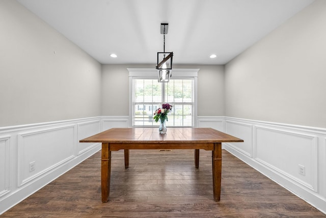 132 Fieldcrest Dr, Cadiz, KY 42211 - dining room with wainscoting, dark wood-type flooring, a decorative wall, and recessed lighting