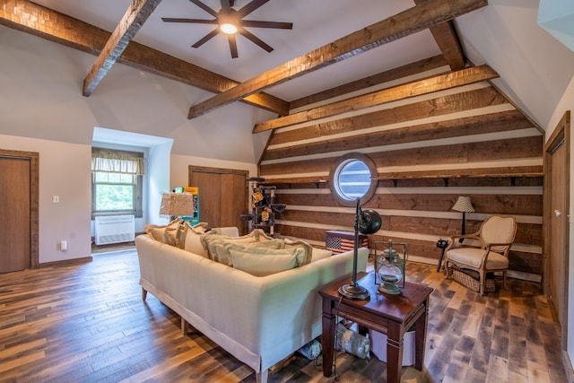 102 Highwater Rd, Waverly, TN 37185 - living area with ceiling fan, wood finished floors, and wood walls