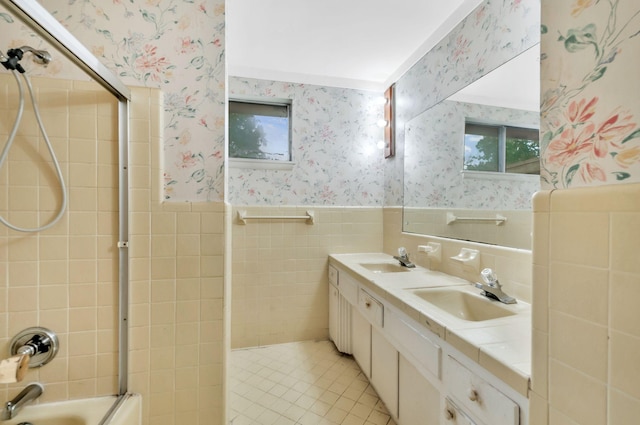 1033 Pine Valley Rd, Kingston Springs, TN 37082 - bathroom with wallpapered walls, tub / shower combination, wainscoting, tile patterned floors, and double vanity