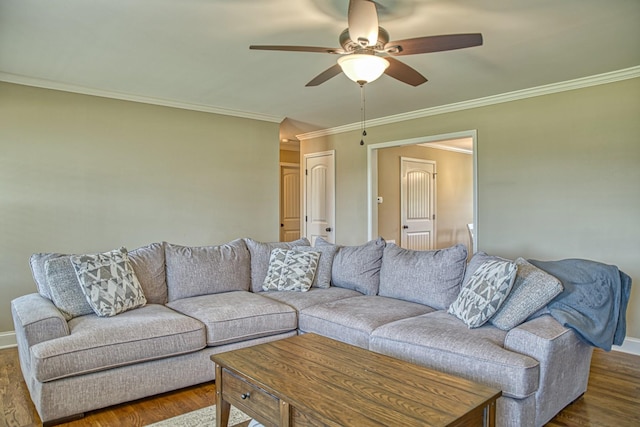 1570 Clemmons Rd, Cookeville, TN 38501 - living room featuring ceiling fan, crown molding, dark wood-style floors, and baseboards