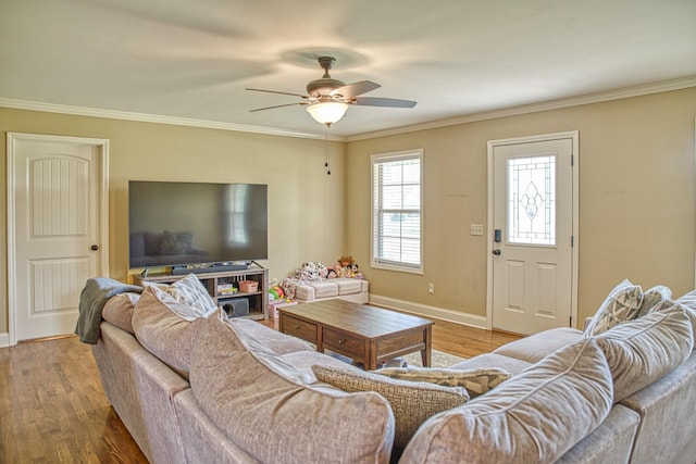 1570 Clemmons Rd, Cookeville, TN 38501 - living room with ornamental molding, wood finished floors, baseboards, and ceiling fan