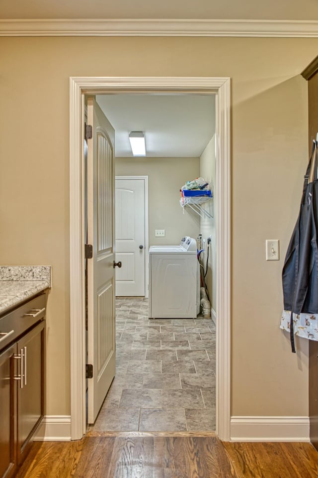 1570 Clemmons Rd, Cookeville, TN 38501 - washroom featuring baseboards, crown molding, and washer and dryer