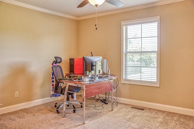 1570 Clemmons Rd, Cookeville, TN 38501 - home office featuring carpet flooring, healthy amount of natural light, baseboards, ornamental molding, and ceiling fan